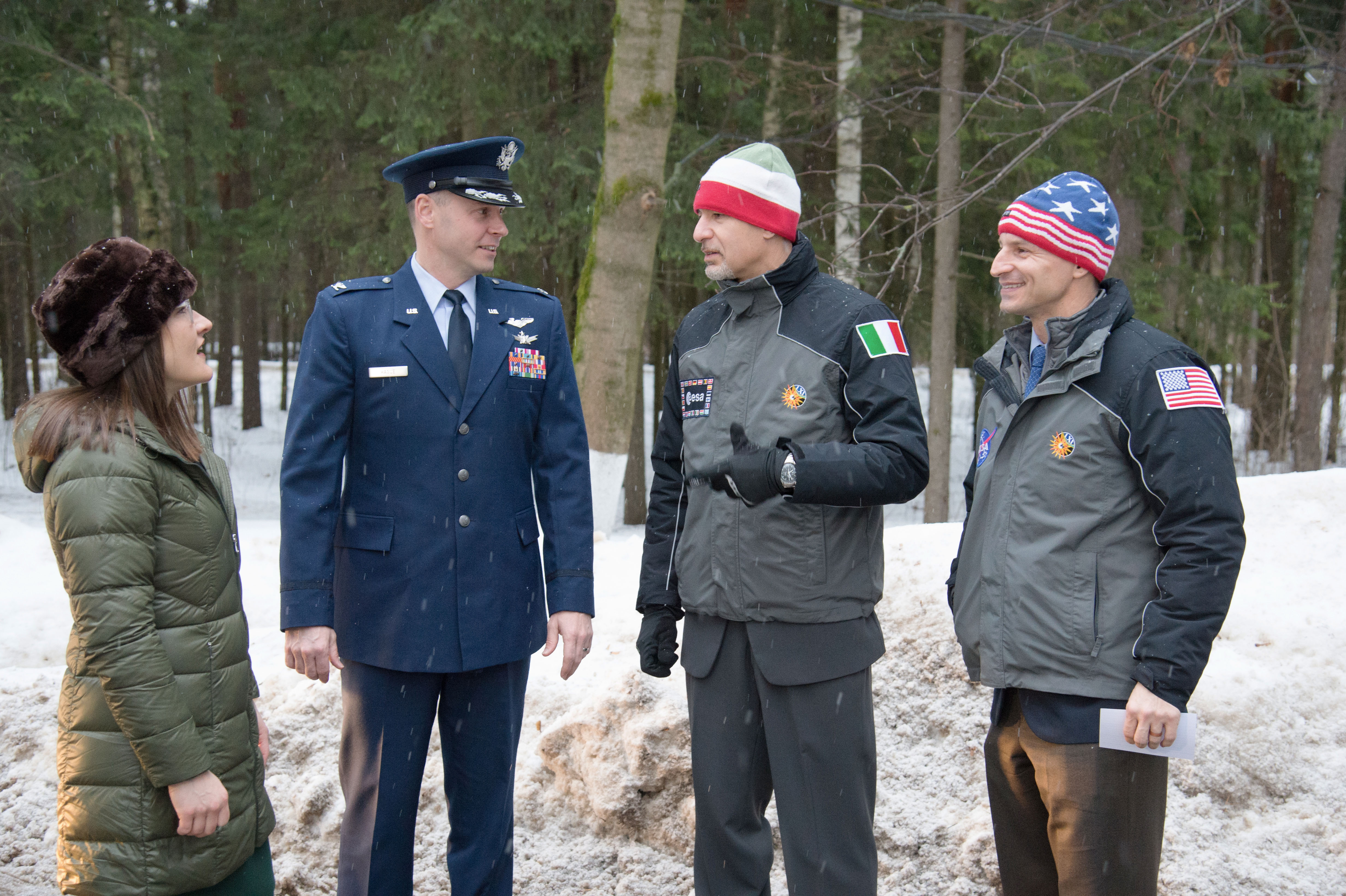 At the Gagarin Cosmonaut Training Center in Star City, Russia, Expedition 59 prime crewmembers Christina Koch of NASA (left), Nick Hague of NASA (second from left), and backup crewmembers Luca Parmitano of the European Space Agency (second from right) and Drew Morgan of NASA (right) share a moment Feb. 26 before departing for their launch site at the Baikonur Cosmodrome in Kazakhstan for final pre-launch training. Hague, Koch and Alexey Ovchinin of Roscosmos will launch on March 14, U.S. time, on the Soyuz MS-12 spacecraft from the Baikonur Cosmodrome in Kazakhstan for a six-and-a-half month mission on the International Space Station.  NASA/Beth Weissinger 