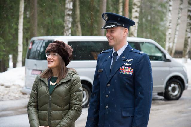 NASA image: At the Gagarin Cosmonaut Training Center in Star City, Russia, Expedition 59 crewmembers Christina Koch of NASA (left) and Nick Hague of NASA (right) share a moment Feb. 26 before departing for their launch site at the Baikonur Cosmodrome in Kazakhstan fo