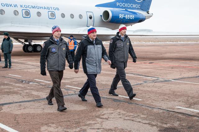NASA image: jsc2019e007203 - Expedition 59 backup crewmembers Drew Morgan of NASA (left), Alexander Skvortsov of Roscosmos (center) and Luca Parmitano of the European Space Agency (right) arrive at the Baikonur Cosmodrome in Kazakhstan Feb. 26 for final pre-launch tr
