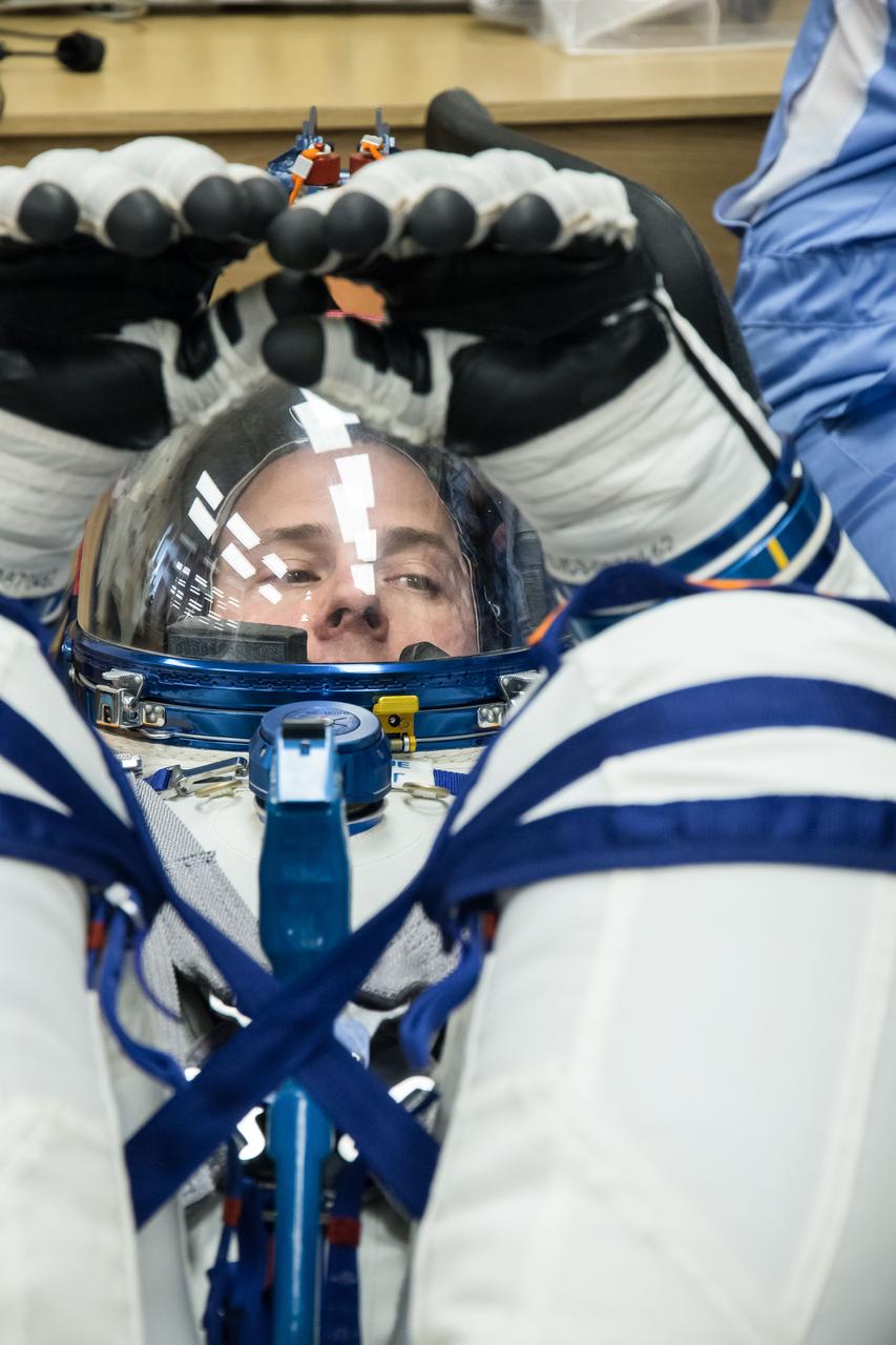 At the Baikonur Cosmodrome in Kazakhstan, Expedition 59 crewmember Nick Hague of NASA undergoes a Sokol launch suit pressure check Feb. 27 during pre-launch training. Hague, Christina Koch of NASA and Alexey Ovchinin of Roscosmos will launch March 14, U.S. time, on the Soyuz MS-12 spacecraft from the Baikonur Cosmodrome in Kazakhstan for a six-and-a-half month mission on the International Space Station. NASA/Victor Zelentsov