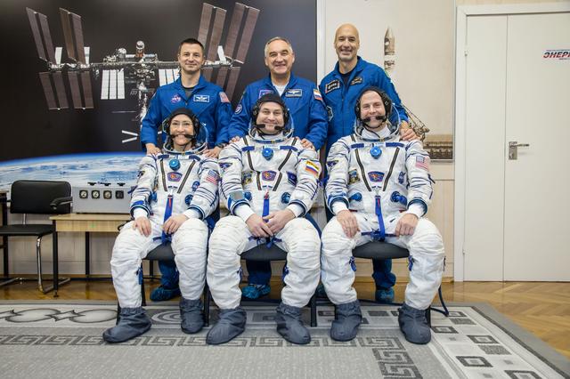 NASA image: jsc2019e009955 - At the Baikonur Cosmodrome in Kazakhstan, the Expedition 59 prime and backup crewmembers pose for pictures Feb. 27 as part of their pre-launch training. In the front row are the prime crewmembers, Christina Koch of NASA, Alexey Ovchinin o