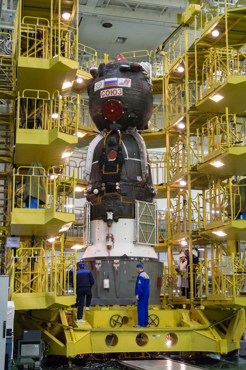 In the Integration Building at the Baikonur Cosmodrome in Kazakhstan, the Soyuz MS-12 spacecraft stands at the ready March 6 prior to its encapsulation into the nose fairing of the Soyuz booster rocket. Expedition 59 crewmembers Nick Hague and Christina Koch of NASA and Alexey Ovchinin of Roscosmos will launch on March 14, U.S. time, on the Soyuz MS-12 spacecraft from the Baikonur Cosmodrome for a six-and-a-half month mission on the International Space Station...NASA/Victor Zelentsov.