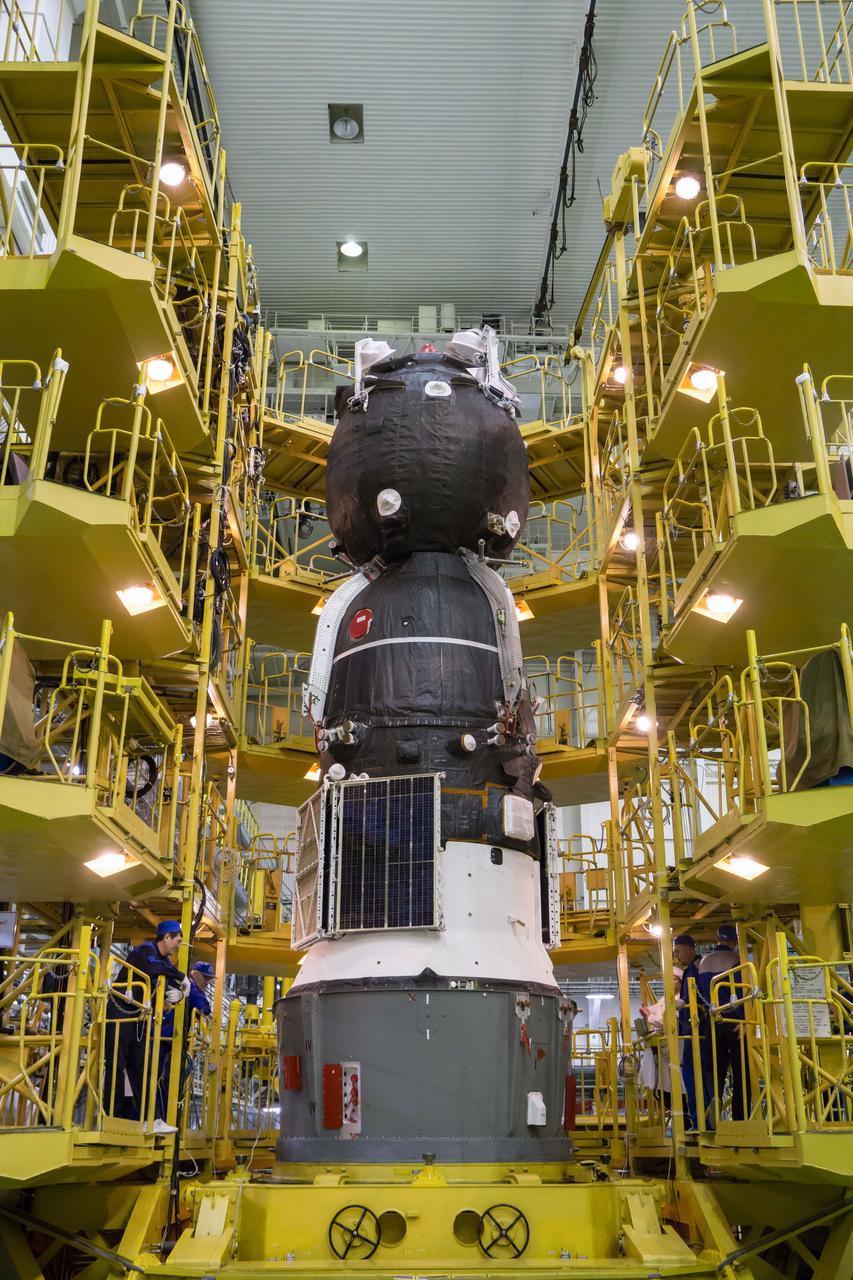 In the Integration Building at the Baikonur Cosmodrome in Kazakhstan, the Soyuz MS-12 spacecraft stands at the ready March 6 prior to its encapsulation into the nose fairing of the Soyuz booster rocket. Expedition 59 crewmembers Nick Hague and Christina Koch of NASA and Alexey Ovchinin of Roscosmos will launch on March 14, U.S. time, on the Soyuz MS-12 spacecraft from the Baikonur Cosmodrome for a six-and-a-half month mission on the International Space Station...NASA/Victor Zelentsov.