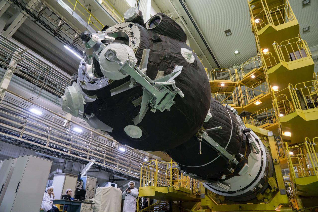 In the Integration Building at the Baikonur Cosmodrome in Kazakhstan, the Soyuz MS-12 spacecraft is ready for encapsulation into the nose fairing of the Soyuz booster rocket March 6. Expedition 59 crewmembers Nick Hague and Christina Koch of NASA and Alexey Ovchinin of Roscosmos will launch on March 14, U.S. time, on the Soyuz MS-12 spacecraft from the Baikonur Cosmodrome for a six-and-a-half month mission on the International Space Station...NASA/Victor Zelentsov.
