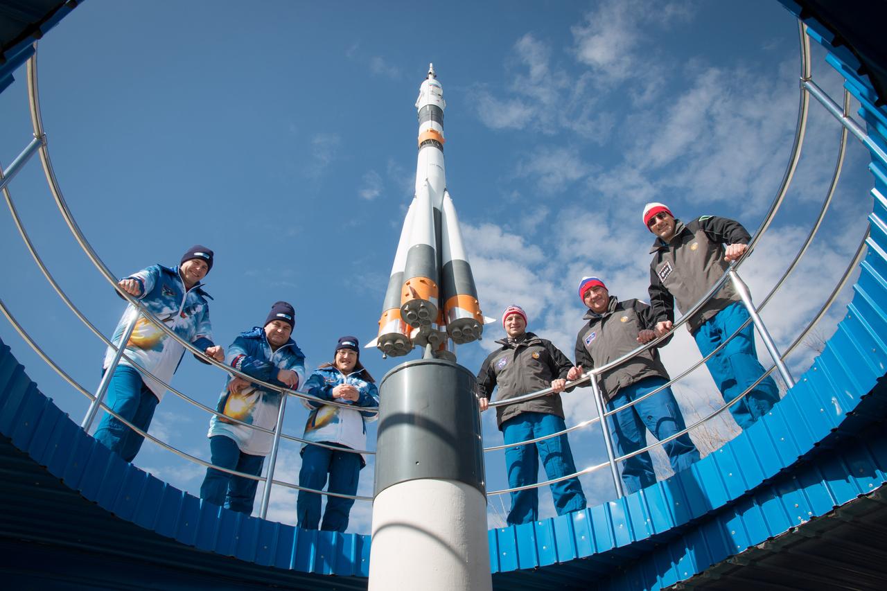 At the Cosmonaut Hotel crew quarters in Baikonur, Kazakhstan, the Expedition 59 prime and backup crewmembers pose for pictures March 7 as part of their pre-launch activities. From left to right are the prime crewmembers, Nick Hague of NASA, Alexey Ovchinin of Roscosmos and Christina Koch of NASA and the backup crewmembers, Drew Morgan of NASA, Alexander Skvortsov of Roscosmos and Luca Parmitano of the European Space Agency. Hague, Ovchinin and Koch will launch March 14, U.S. time, on the Soyuz MS-12 spacecraft from the Baikonur Cosmodrome for a six-and-a-half month mission on the International Space Station...NASA/Victor Zelentsov.