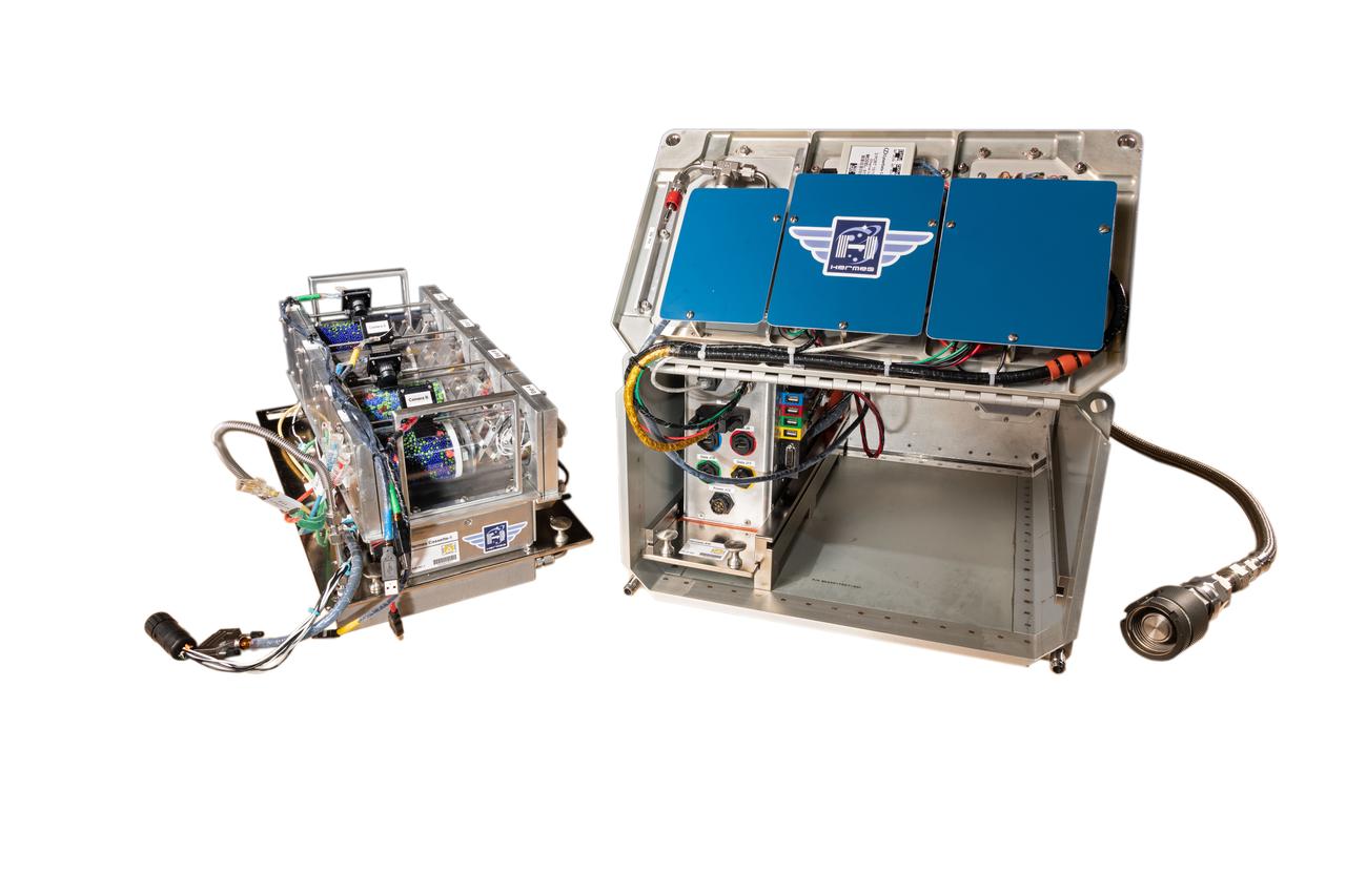 jsc2019e014139_alt (3/8/2019) --- Photo documentation of the Hermes facility. Hermes is a research facility on the ISS aimed at regolith and granular material investigations with applications to asteroids, planetary science, and exploration. It is a reconfigurable on-orbit facility capable of accommodating up to four user-configurable experiment volumes at a time. The facility provides long duration exposure to microgravity, vacuum, power, lighting, cameras and customizable experiment tools with ground commanding capability.