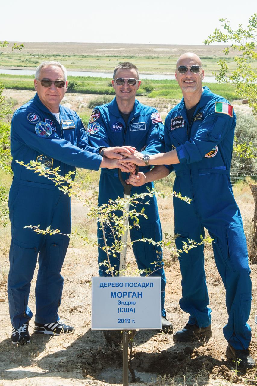 jsc2019e039273 - At the Cosmonaut Hotel crew quarters in Baikonur, Kazakhstan, Expedition 60 crewmembers Alexander Skvortsov of Roscosmos (left), Drew Morgan of NASA (center) and Luca Parmitano of the European Space Agency (right) pose for pictures July 12 by a tree planted in Morgan’s name as part of pre-launch activities. They will launch July 20 on the Soyuz MS-13 spacecraft from the Baikonur Cosmodrome in Kazakhstan on a mission to the International Space Station...Andrey Shelepin/GCTC.