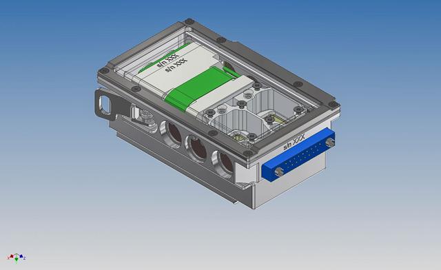 jsc2019e039823 (7/19/2019) --- A CAD image showing the structure of the bioreactor in the BioRock experiment within its experimental container. The two culture chambers are visible along with the body of the unit, which contains media and fixative. (Image Courtesy of: ESA)