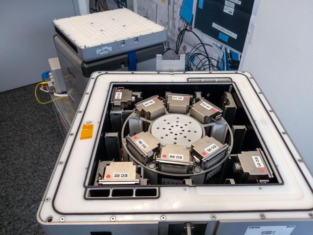 NASA image: 9 BioRock experinmental units in a KUBIK centrifuge