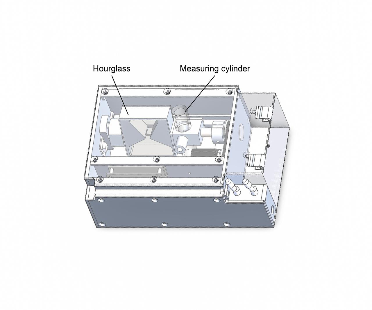 jsc2019e039831 (7/8/2019) --- A view of the Hourglass Apparatus schematic. The Hourglass investigation examines the relationship between gravity and the behavior of granular materials such as regolith that covers the surface of planets and planetary-like bodies. Researchers observe various granular materials inside an hourglass and a measuring cylinder under different gravity conditions. Better understanding of the behavior of these materials supports the design of spacecraft for future missions landing on the surfaces of planets and other celestial bodies. (Image courtesy of: JAXA)