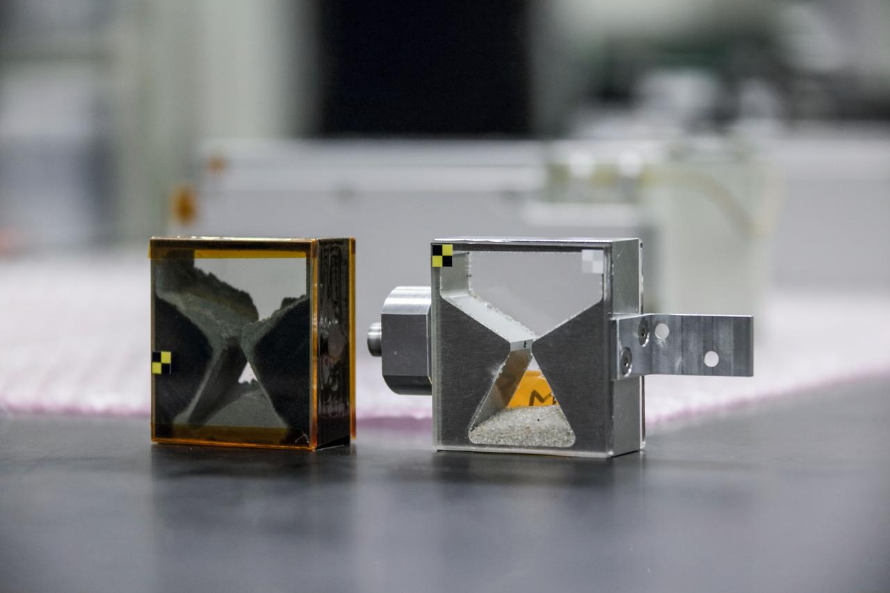 jsc2019e039834 (7/8/2019) --- A preflight view of the Hourglasses on a tabletop. The Hourglass investigation examines the relationship between gravity and the behavior of granular materials such as regolith that covers the surface of planets and planetary-like bodies. Researchers observe various granular materials inside an hourglass and a measuring cylinder under different gravity conditions. Better understanding of the behavior of these materials supports the design of spacecraft for future missions landing on the surfaces of planets and other celestial bodies. (Image courtesy of: JAXA)