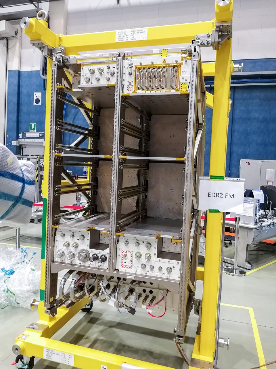 jsc2019e048243 (3/28/2019) — Preflight imagery of the EDR-2 Flight Model in its rack integration stand. The European Drawer Rack-2 (EDR-2) is an experiment support facility accommodated in the Columbus module. The rack provides general services to experiments, including power, data communication, water cooling, vacuum and venting/waste gas, nitrogen supply and structural interfaces.