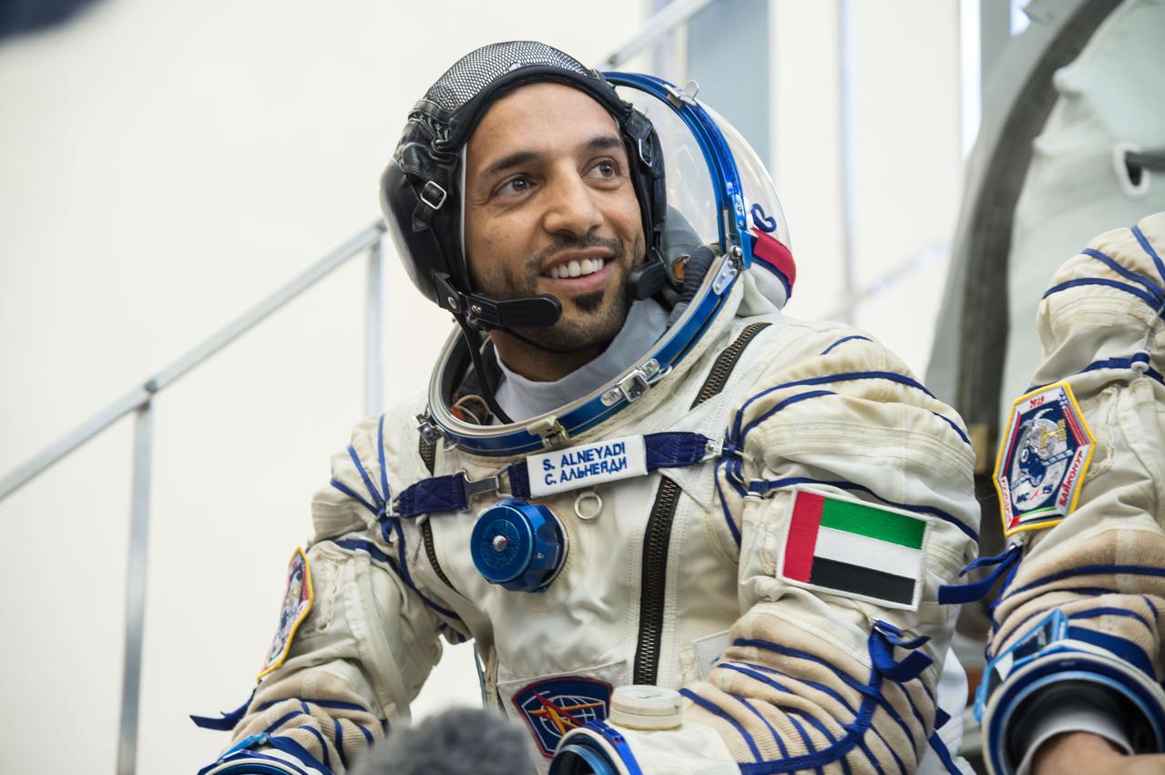 jsc2019e051817 - At the Gagarin Cosmonaut Training Center in Star City, Russia, backup spaceflight participant Sultan Al-Neyadi of the United Arab Emirates listens to a reporter’s question Aug. 29 during the crew’s qualification exams. Al-Neyadi is one of the backups to the prime crew, spaceflight participant Hazzaa Ali Almansoori of the United Arab Emirates and Expedition 61 crewmembers Oleg Skripochka of Roscosmos and Jessica Meir of NASA, who will launch Sept. 25 from the Baikonur Cosmodrome in Kazakhstan on the Soyuz MS-15 spacecraft for a mission on the International Space Station...NASA/Beth Weissinger.