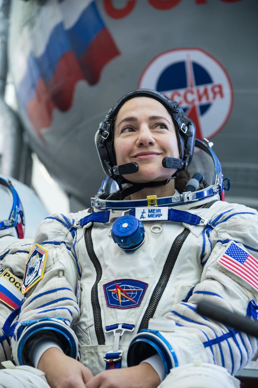 jsc2019e051852 - At the Gagarin Cosmonaut Training Center in Star City, Russia, Expedition 61 crewmember Jessica Meir of NASA listens to a reporter’s question during final crew qualification exams Aug. 30. Meir will launch with Expedition 61 crewmember Oleg Skripochka of Roscosmos and spaceflight participant Hazzaa Ali Almansoori of the United Arab Emirates Sept. 25 on the Soyuz MS-15 spacecraft from the Baikonur Cosmodrome in Kazakhstan for a mission on the International Space Station...NASA/Beth Weissinger.