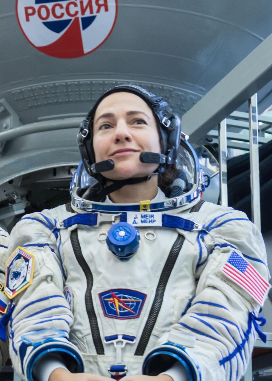 jsc2019e051855 - At the Gagarin Cosmonaut Training Center in Star City, Russia, Expedition 61 crewmember Jessica Meir of NASA listens to a reporter’s question during final crew qualification exams Aug. 30. Meir will launch with Expedition 61 crewmember Oleg Skripochka of Roscosmos and spaceflight participant Hazzaa Ali Almansoori of the United Arab Emirates Sept. 25 on the Soyuz MS-15 spacecraft from the Baikonur Cosmodrome in Kazakhstan for a mission on the International Space Station...NASA/Beth Weissinger.