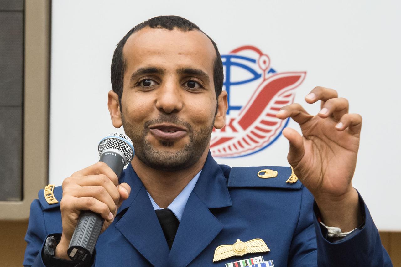 jsc2019e052148 - At the Gagarin Cosmonaut Training Center in Star City, Russia, spaceflight participant Hazzaa Ali Almansoori of the United Arab Emirates answers a reporter’s question Sept. 5 as part of a pre-flight news conference. Almansoori, Oleg Skripochka of Roscosmos and Jessica Meir of NASA will launch Sept. 25 from the Baikonur Cosmodrome in Kazakhstan on the Soyuz MS-15 spacecraft for a mission on the International Space Station...Credit/Gagarin Cosmonaut Training Center..