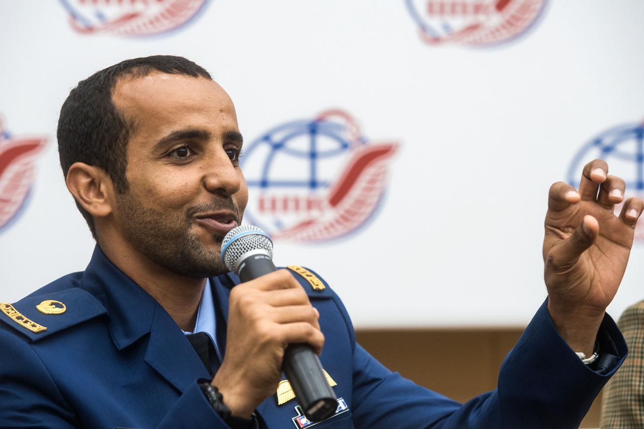 jsc2019e052155 - At the Gagarin Cosmonaut Training Center in Star City, Russia, spaceflight participant Hazzaa Ali Almansoori of the United Arab Emirates answers a reporter’s question Sept. 5 as part of a pre-flight news conference. Almansoori, Oleg Skripochka of Roscosmos and Jessica Meir of NASA will launch Sept. 25 from the Baikonur Cosmodrome in Kazakhstan on the Soyuz MS-15 spacecraft for a mission on the International Space Station...Credit/Gagarin Cosmonaut Training Center.