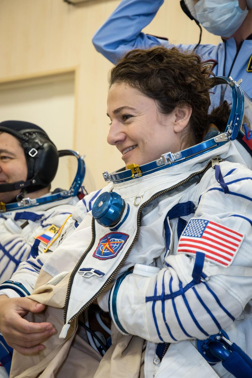 In the Integration Building at the Baikonur Cosmodrome in Kazakhstan, Expedition 61 crewmember Jessica Meir of NASA suits up Sept. 11 for a fit check aboard the Soyuz MS-15 spacecraft. Meir, Hazzaa Ali Almansoori of the United Arab Emirates and Expedition 61 crewmember Oleg Skripochka of Roscosmos will launch Sept. 25 on the Soyuz MS-15 spacecraft from the Baikonur Cosmodrome for a mission on the International Space Station. NASA/Victor Zelentsov