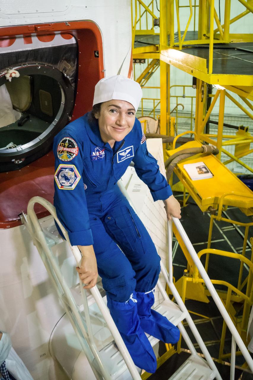 jsc2019e053739 - At the Baikonur Cosmodrome in Kazakhstan, Expedition 61 crewmember Jessica Meir of NASA poses for pictures Sept. 20 before inspecting the Soyuz MS-15 spacecraft during final fit check activities. Meir, spaceflight participant Hazzaa Ali Almansoori of the United Arab Emirates and Expedition 61 crewmember Oleg Skripochka of Roscosmos will launch Sept. 25 on the Soyuz MS-15 spacecraft for a mission on the International Space Station...NASA/Victor Zelentsov