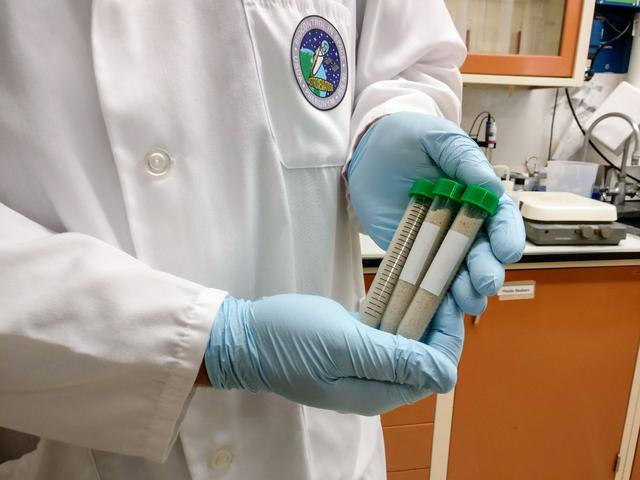 jsc2019e062136 (10/24/2019) --- Dr. Karl Shiller presents the loaded nematode tube samples. Microgravity Effect on Entomopathogenic Nematodes’ Ability to Find and Kill Insects (Module-85 Pheronym) tests the effects of microgravity on the movement and infection behavior of beneficial nematodes, which are used to control agricultural insect pests. The research looks at whether these nematodes can navigate through soil, infect insects and reproduce in space. It also looks at whether their symbiotic bacteria function normally in microgravity and has any effects on insect host physiology. Image Courtesy of: Fatma Kaplan (PI)