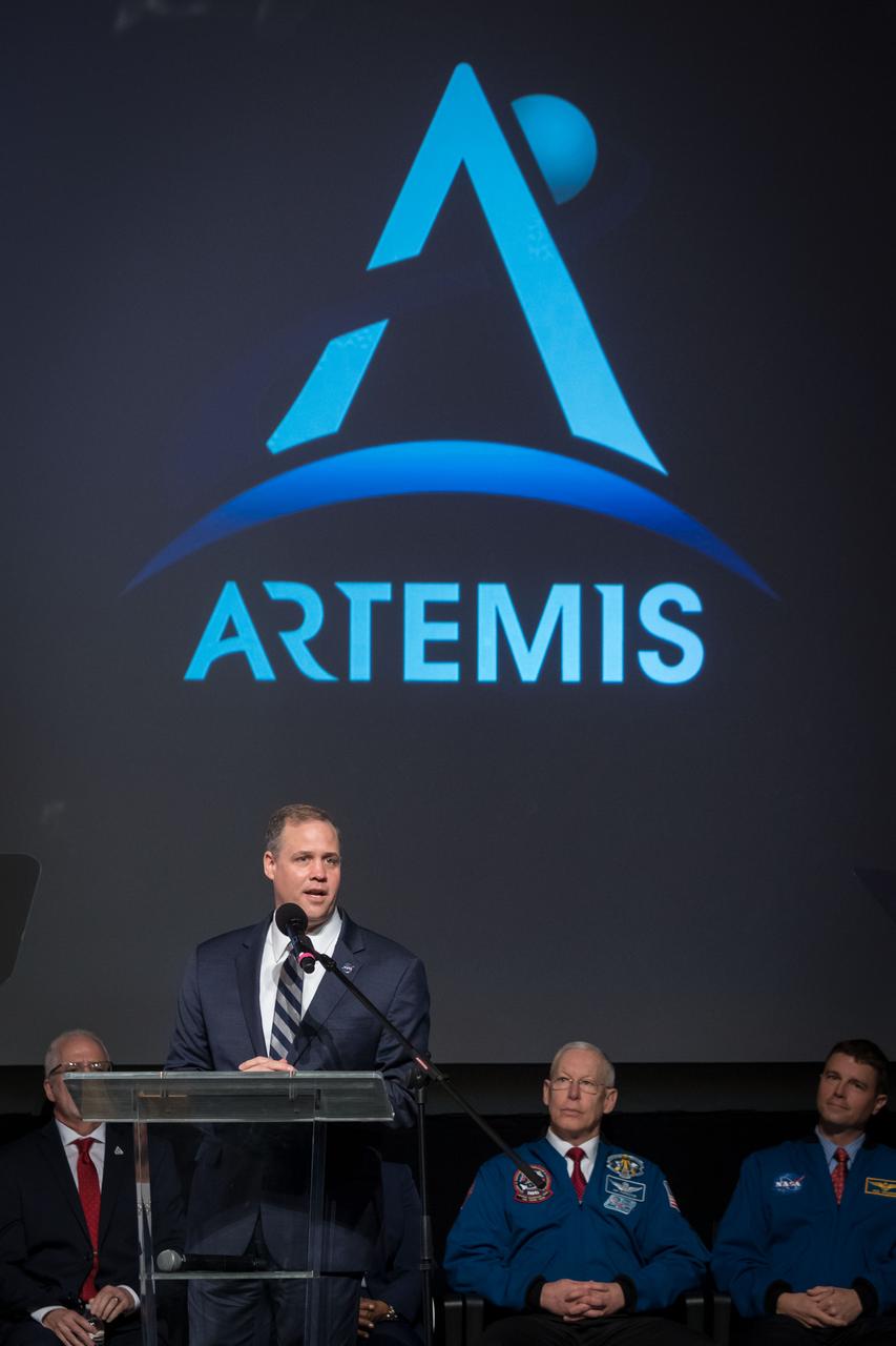 jsc2020e000604 (Jan. 10, 2020) --- NASA Administrator Jim Bridenstine addresses visitors attending the graduation of the 2017 Class of Astronauts at the Johnson Space Center in Houston, Texas.   This is the first class of astronauts to graduate under the Artemis program and are now eligible for assignments to the International Space Station, Artemis missions to the Moon, and ultimately, missions to Mars.