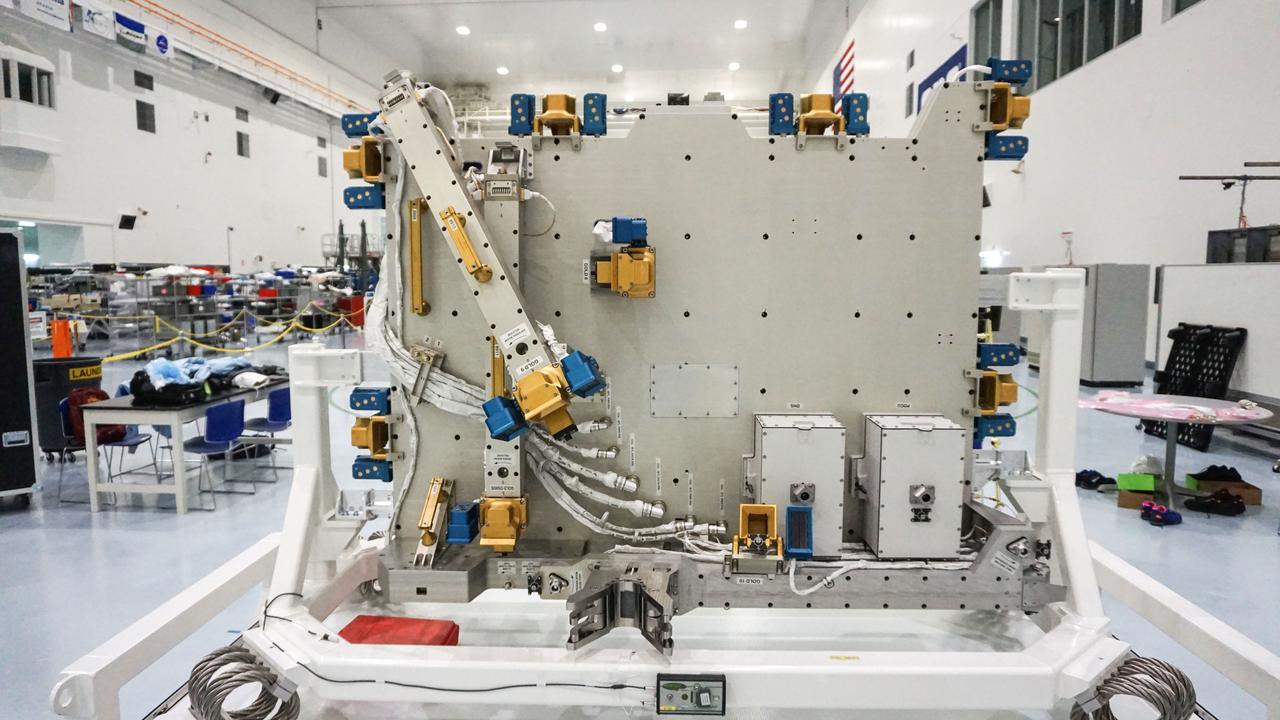 jsc2020e009556 (2/4/2020) --- A preflight view of the nadir side of Bartolomeo at the Kennedy Space Center (KSC). The European external platform Bartolomeo is an enhancement of the International Space Station (ISS) European Columbus Module and its infrastructure. Designed to meet user requirements from the commercial and institutional sector, Bartolomeo is a new external payload hosting facility on the ram side of Columbus.