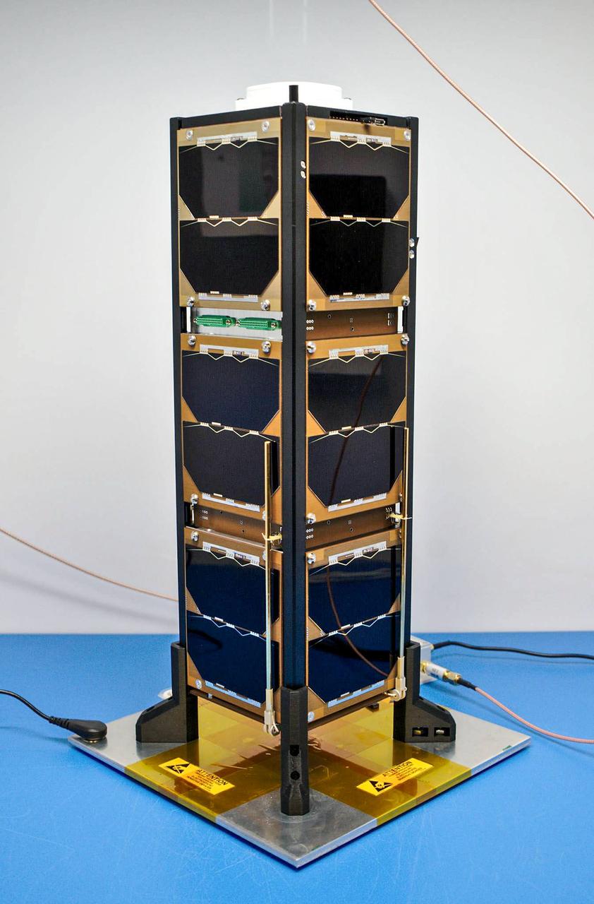 jsc2020e016862 (3/26/2020) --- Bobcat-1 with its deployable communication antenna stowed.  Bobcat-1 is the Ohio University CubeSat, which has, together with the educational purpose, the objective of experimenting the GNSS inter-constellation time-offset estimate from LEO orbit. GNSS inter-constellation time-offset estimate is critical for users with a limited visibility of GNSS satellites, such as users in the high altitude Space Service Volume (as GEO or HEO).