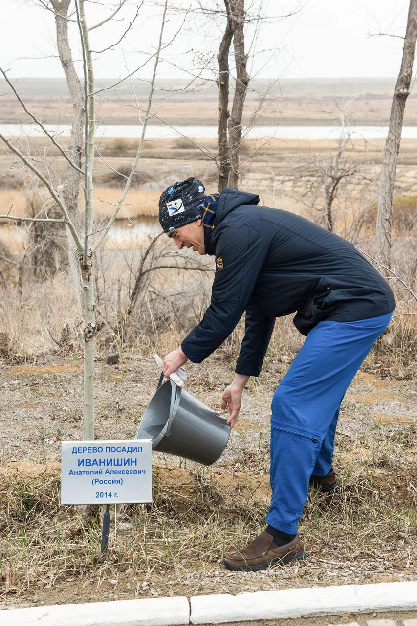 jsc2020e016973 - At the Cosmonaut Hotel crew quarters in Baikonur, Kazakhstan, Expedition 63 crewmember Anatoly Ivanishin of Roscosmos waters a tree bearing his name April 1 in a traditional pre-launch activity. Ivanishin, Ivan Vagner of Roscosmos and Chris Cassidy of NASA will launch April 9 on the Soyuz MS-16 spacecraft from the Baikonur Cosmodrome in Kazakhstan for a six-and-a-half month mission on the International Space Station...Andrey Shelepin/Gagarin Cosmonaut Training Center.