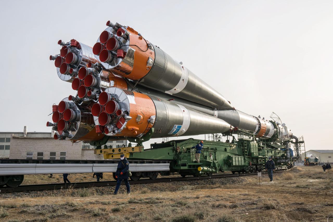 jsc2020e016989 - At the Baikonur Cosmodrome in Kazakhstan, the Soyuz MS-16 spacecraft and its booster are transported from the integration building to the Site 31 launch pad April 6 for final preparations for launch. Expedition 63 crewmembers Chris Cassidy of NASA and Anatoly Ivanishin and Ivan Vagner of Roscosmos are set to launch aboard the Soyuz MS-16 April 9 for a six-and-a-half month mission on the International Space Station...NASA/Victor Zelentsov.