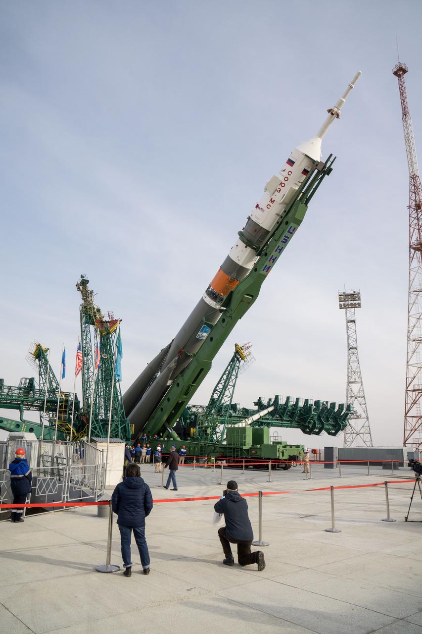 jsc2020e016992 - At the Baikonur Cosmodrome in Kazakhstan, the Soyuz MS-16 spacecraft and its booster are raised to a vertical position at the Site 31 launch pad April 6 for final preparations for launch. Expedition 63 crewmembers Chris Cassidy of NASA and Anatoly Ivanishin and Ivan Vagner of Roscosmos are set to launch aboard the Soyuz MS-16 April 9 for a six-and-a-half month mission on the International Space Station...NASA/Victor Zelentsov.