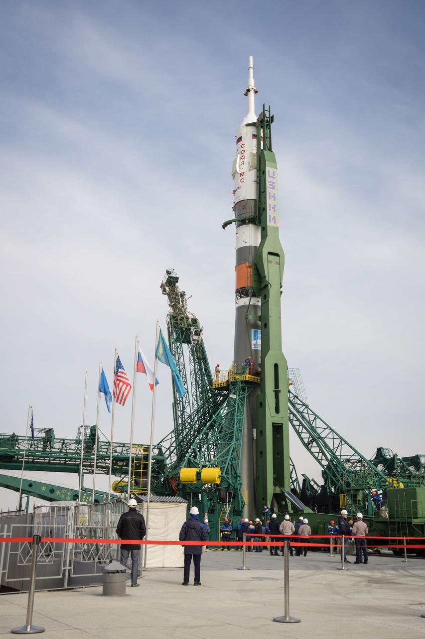 jsc2020e016993 - At the Baikonur Cosmodrome in Kazakhstan, the Soyuz MS-16 spacecraft and its booster stand at their vertical position at the Site 31 launch pad April 6 following rollout for final preparations for launch. Expedition 63 crewmembers Chris Cassidy of NASA and Anatoly Ivanishin and Ivan Vagner of Roscosmos are set to launch aboard the Soyuz MS-16 April 9 for a six-and-a-half month mission on the International Space Station...NASA/Victor Zelentsov.