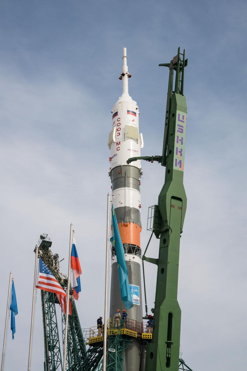 jsc2020e016994 - At the Baikonur Cosmodrome in Kazakhstan, the Soyuz MS-16 spacecraft and its booster stand at their vertical position at the Site 31 launch pad April 6 following rollout for final preparations for launch. Expedition 63 crewmembers Chris Cassidy of NASA and Anatoly Ivanishin and Ivan Vagner of Roscosmos are set to launch aboard the Soyuz MS-16 April 9 for a six-and-a-half month mission on the International Space Station...NASA/Victor Zelentsov.