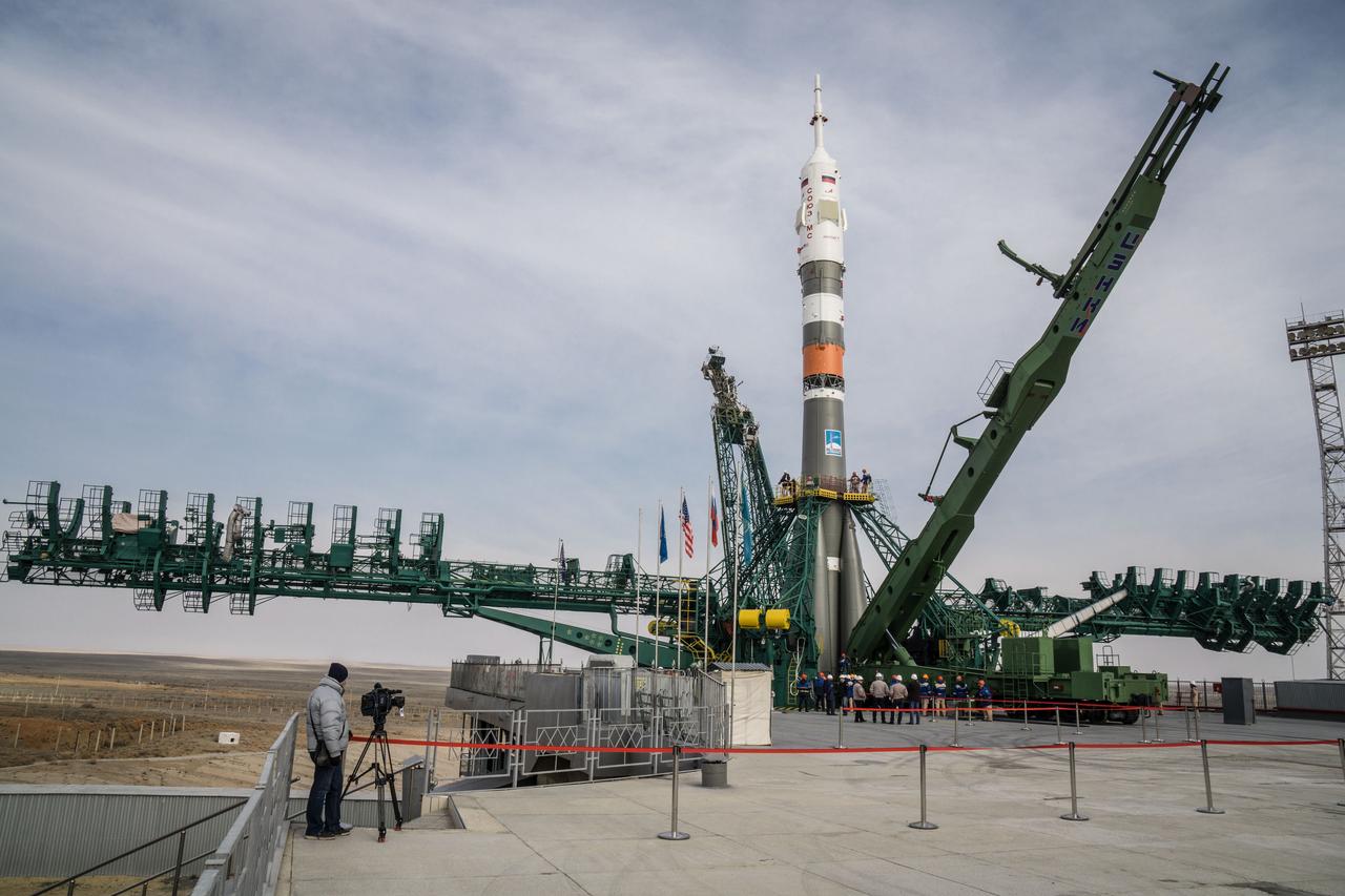 jsc2020e016995 - At the Baikonur Cosmodrome in Kazakhstan, the Soyuz MS-16 spacecraft and its booster stand at their vertical position at the Site 31 launch pad April 6 following rollout for final preparations for launch. Expedition 63 crewmembers Chris Cassidy of NASA and Anatoly Ivanishin and Ivan Vagner of Roscosmos are set to launch aboard the Soyuz MS-16 April 9 for a six-and-a-half month mission on the International Space Station...NASA/Victor Zelentsov.