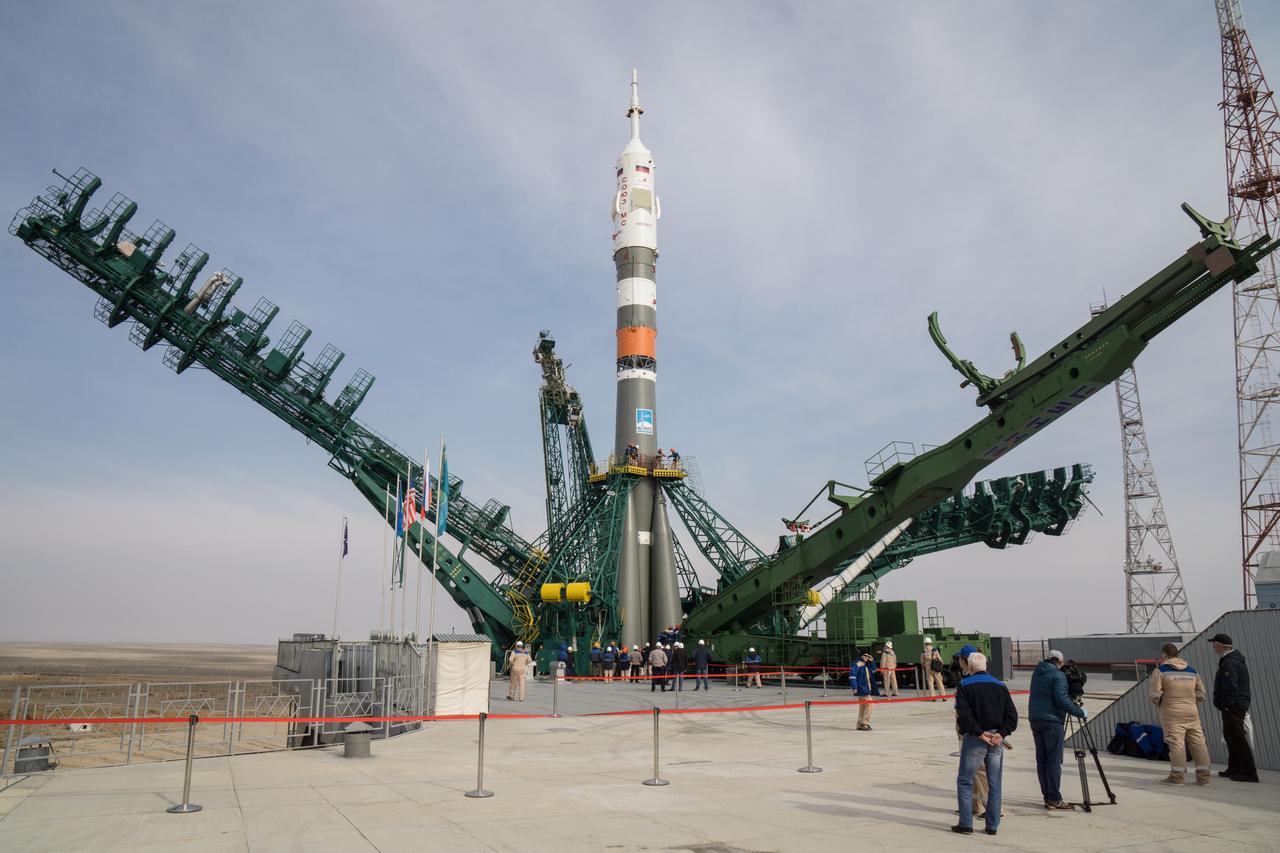 jsc2020e016996 - At the Baikonur Cosmodrome in Kazakhstan, the Soyuz MS-16 spacecraft and its booster stand at their vertical position at the Site 31 launch pad April 6 following rollout for final preparations for launch. Expedition 63 crewmembers Chris Cassidy of NASA and Anatoly Ivanishin and Ivan Vagner of Roscosmos are set to launch aboard the Soyuz MS-16 April 9 for a six-and-a-half month mission on the International Space Station...NASA/Victor Zelentsov.