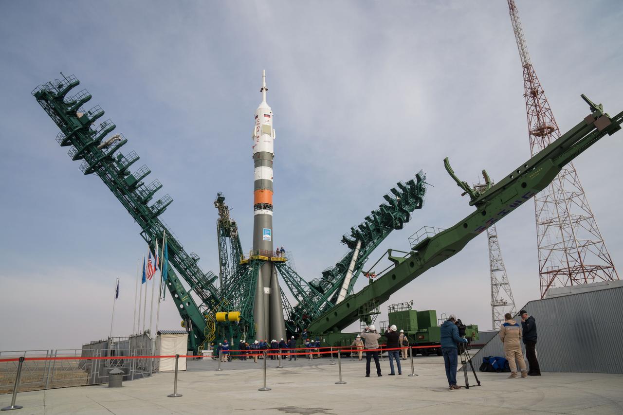 jsc2020e016997 - At the Baikonur Cosmodrome in Kazakhstan, the Soyuz MS-16 spacecraft and its booster stand at their vertical position at the Site 31 launch pad April 6 following rollout for final preparations for launch. Expedition 63 crewmembers Chris Cassidy of NASA and Anatoly Ivanishin and Ivan Vagner of Roscosmos are set to launch aboard the Soyuz MS-16 April 9 for a six-and-a-half month mission on the International Space Station...NASA/Victor Zelentsov.