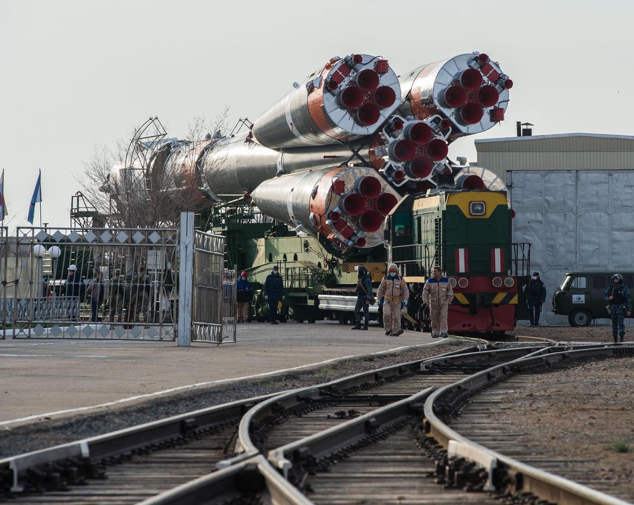 jsc2020e016999 - At the Baikonur Cosmodrome in Kazakhstan, the Soyuz MS-16 spacecraft and its booster are transported from the integration building to the Site 31 launch pad April 6 for final preparations for launch. Expedition 63 crewmembers Chris Cassidy of NASA and Anatoly Ivanishin and Ivan Vagner of Roscosmos are set to launch aboard the Soyuz MS-16 April 9 for a six-and-a-half month mission on the International Space Station...Andrey Shelepin/Gagarin Cosmonaut Training Center.