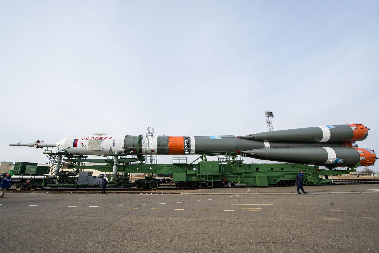 jsc2020e017003 - At the Baikonur Cosmodrome in Kazakhstan, the Soyuz MS-16 spacecraft and its booster are transported from the integration building to the Site 31 launch pad April 6 for final preparations for launch. Expedition 63 crewmembers Chris Cassidy of NASA and Anatoly Ivanishin and Ivan Vagner of Roscosmos are set to launch aboard the Soyuz MS-16 April 9 for a six-and-a-half month mission on the International Space Station...Andrey Shelepin/Gagarin Cosmonaut Training Center.