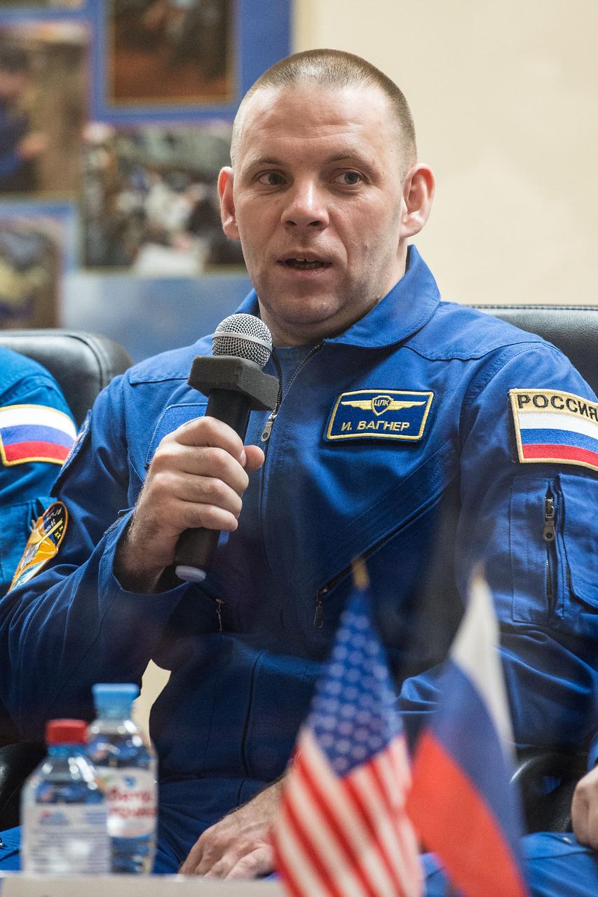 jsc2020e017039 - At the Cosmonaut Hotel crew quarters in Baikonur, Kazakhstan, Expedition 63 crewmember Ivan Vagner of Roscosmos responds to questions provided by reporters in a virtual question and answer session April 8 as he prepares for launch. Vagner and Anatoly Ivanishin of Roscosmos and Chris Cassidy of NASA will launch April 9 on the Soyuz MS-16 spacecraft from the Baikonur Cosmodrome for a six-and-a-half month mission on the International Space Station...Andrey Shelepin/Gagarin Cosmonaut Training Center.
