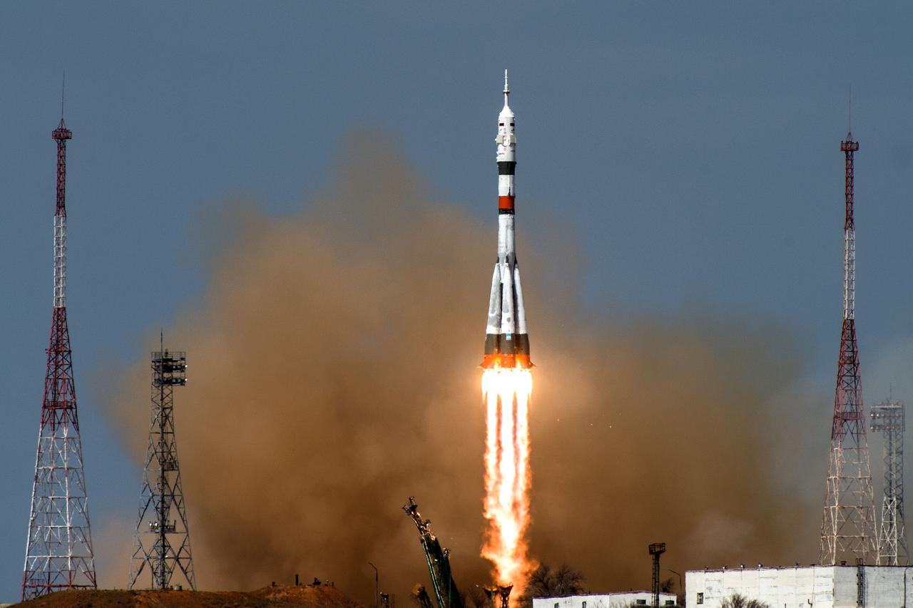 jsc2020e017057 - Expedition 63 Launch - The Soyuz MS-16 lifts off from Site 31 at the Baikonur Cosmodrome in Kazakhstan Thursday, April 9, 2020 sending Expedition 63 crewmembers Chris Cassidy of NASA and Anatoly Ivanishin and Ivan Vagner of Roscosmos into orbit for a six-hour flight to the International Space Station and the start of a six-and-a-half month mission. Photo Credit: (NASA/GCTC/Andrey Shelepin)