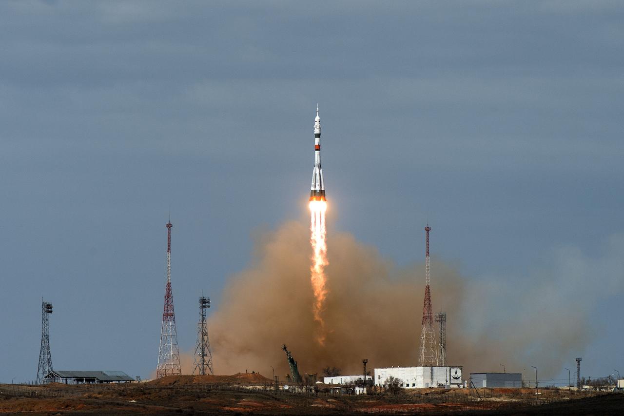 jsc2020e017058 - Expedition 63 Launch - The Soyuz MS-16 lifts off from Site 31 at the Baikonur Cosmodrome in Kazakhstan Thursday, April 9, 2020 sending Expedition 63 crewmembers Chris Cassidy of NASA and Anatoly Ivanishin and Ivan Vagner of Roscosmos into orbit for a six-hour flight to the International Space Station and the start of a six-and-a-half month mission. Photo Credit: (NASA/GCTC/Andrey Shelepin)