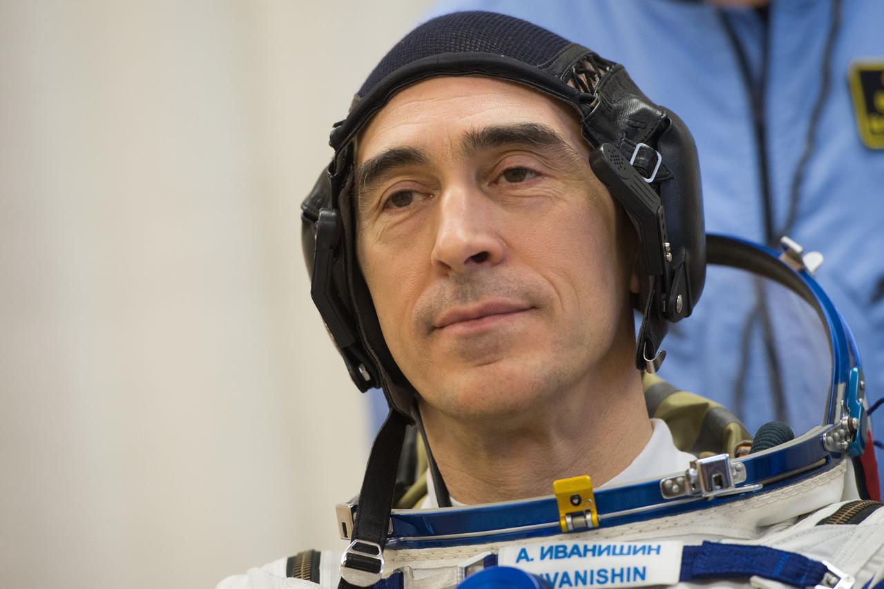 jsc2020e017075 - Expedition 63 Preflight - Expedition 63 crewmember Anatoly Ivanishin of Roscosmos dons his Sokol suit a few hours ahead of his launch on a Soyuz rocket with Ivan Vagner of Roscosmos, and Chris Cassidy of NASA, Thursday, April 9, 2020 at the Baikonur Cosmodrome in Kazakhstan. A few hours later, they lifted off for a six-and-a-half month mission on the International Space Station. Photo Credit: (NASA/GCTC/Andrey Shelepin)
