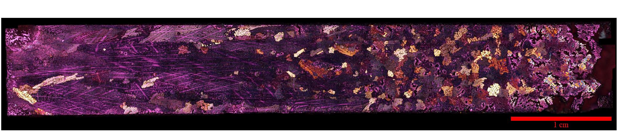 jsc2020e017721 (3/30/2020) --- A preflight view of a Polarized light micrograph of an Al-4%Cu alloy sample solidified in the SUBSA furnace showing a columnar-to-equiaxed transition in the grain structure. The sample has been electrolytically etched to show grains of differing orientation in color contrast under polarized light.