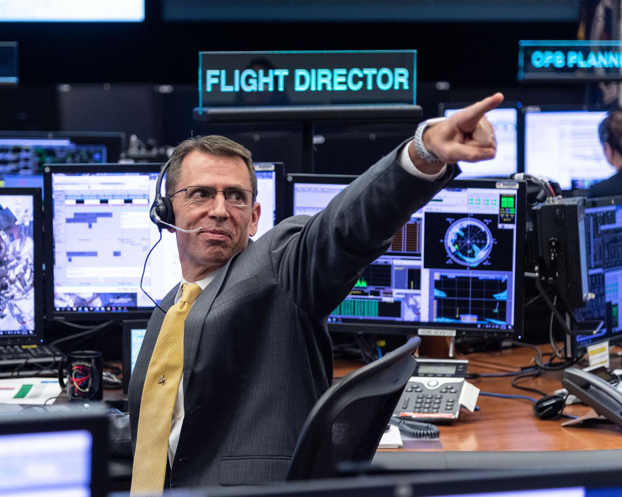 Expedition 63 Orbit 2 Flight Director Zebulon Scoville during SpaceX DM-2 launch in FCR-1. Photo Credit: (NASA/Bill Stafford) 