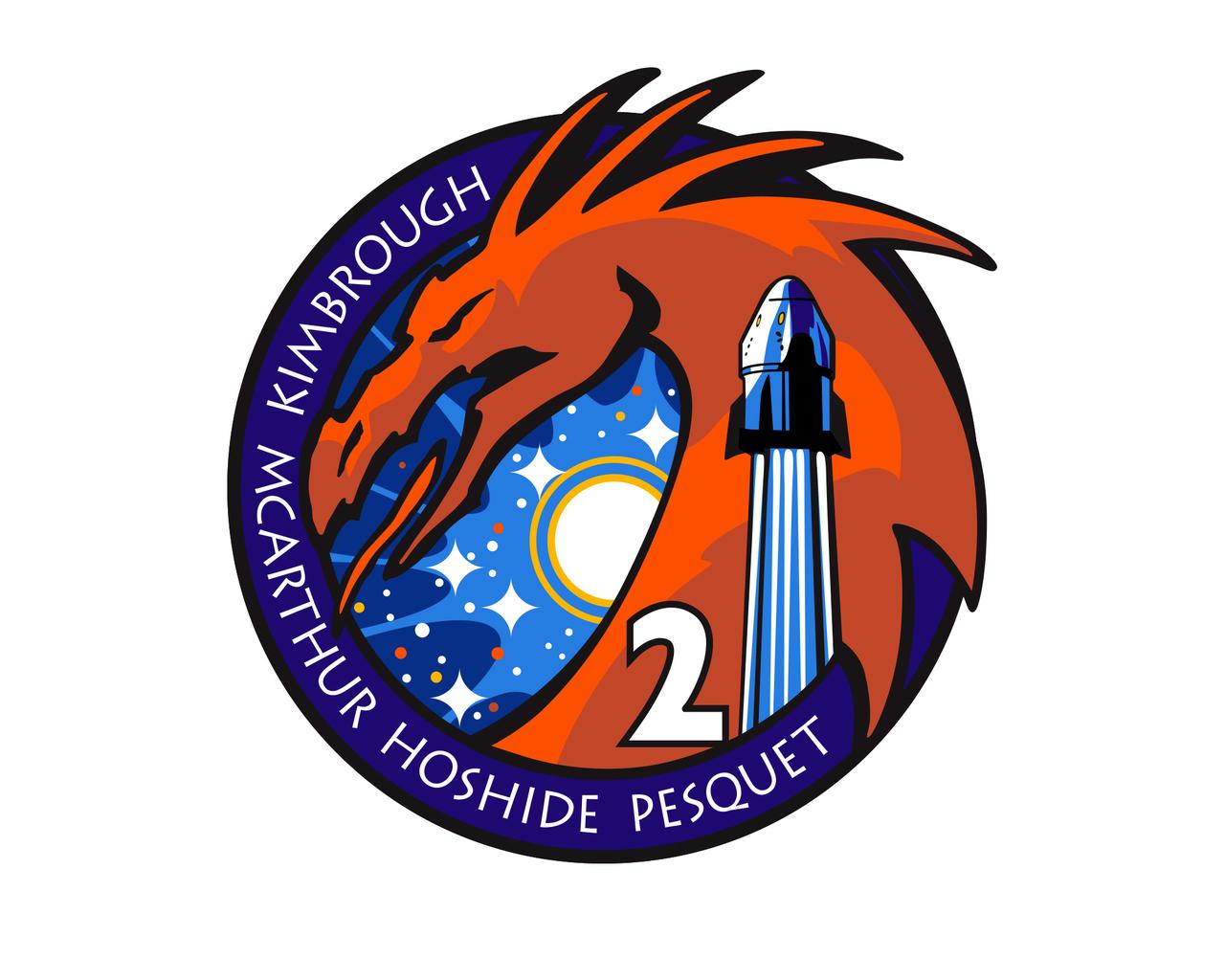 jsc2020e051470 (Dec. 3, 2020) --- The determined expression of the Dragon in the Crew Dragon Crew-2 mission patch reflects the strength of the team and their contribution to the exploration of space. The five large stars represents the five partner space agencies cooperating in the International Space Station Program - the Canadian Space Agency, the European Space Agency, the Japan Aerospace Exploration Agency, the National Aeronautics and Space Administration and Roscosmos.