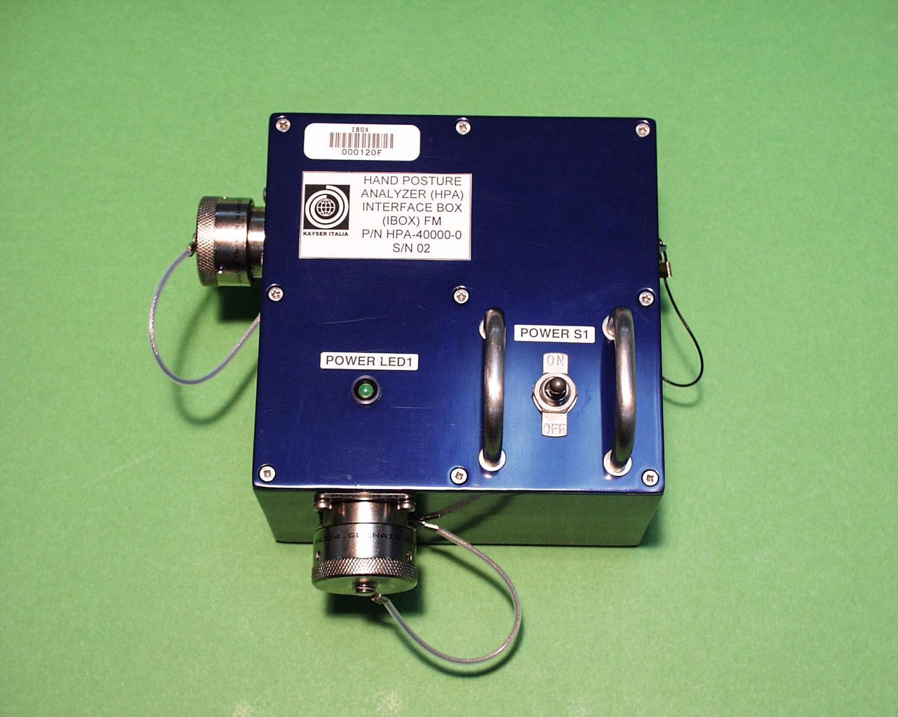 jsc2021e009415 (8/13/2002) --- A preflight view of the Hand Posture Analyzer (HPA) Interface Box (IBOX). The Hand Posture Analyzer (HPA) facility helps to examine the way hand and arm muscles are used differently aboard the International Space Station (ISS). Image courtesy of the Italian Space Agency (ASI).