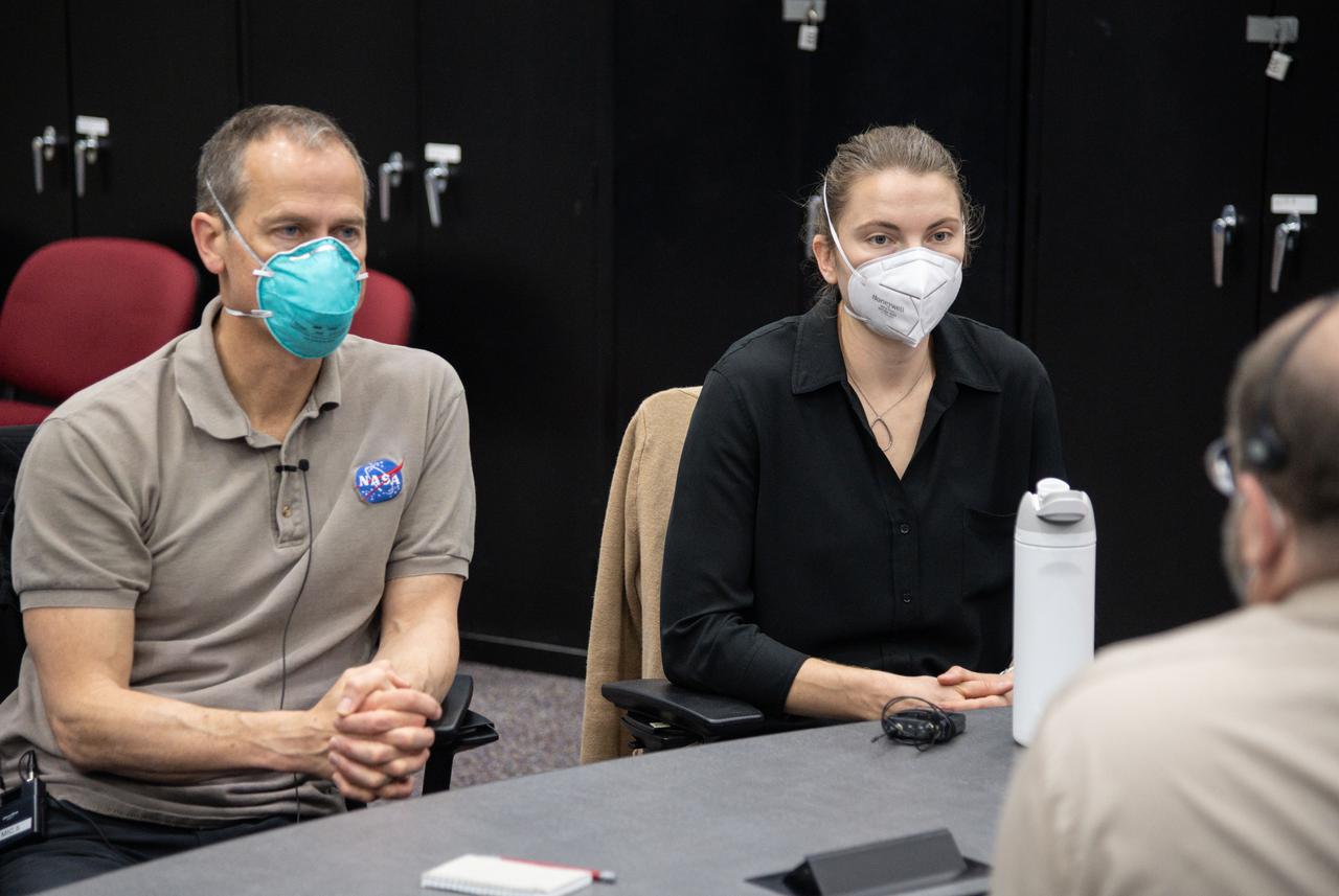 jsc2021e009510 (March 3, 2021) --- SpaceX Crew-3 astronauts (from left) Thomas Marshburn and Kayla Barron are pictured during a training session at the Space Vehicle Mockup Facility at NASA's Johnson Space Center in Houston, Texas.