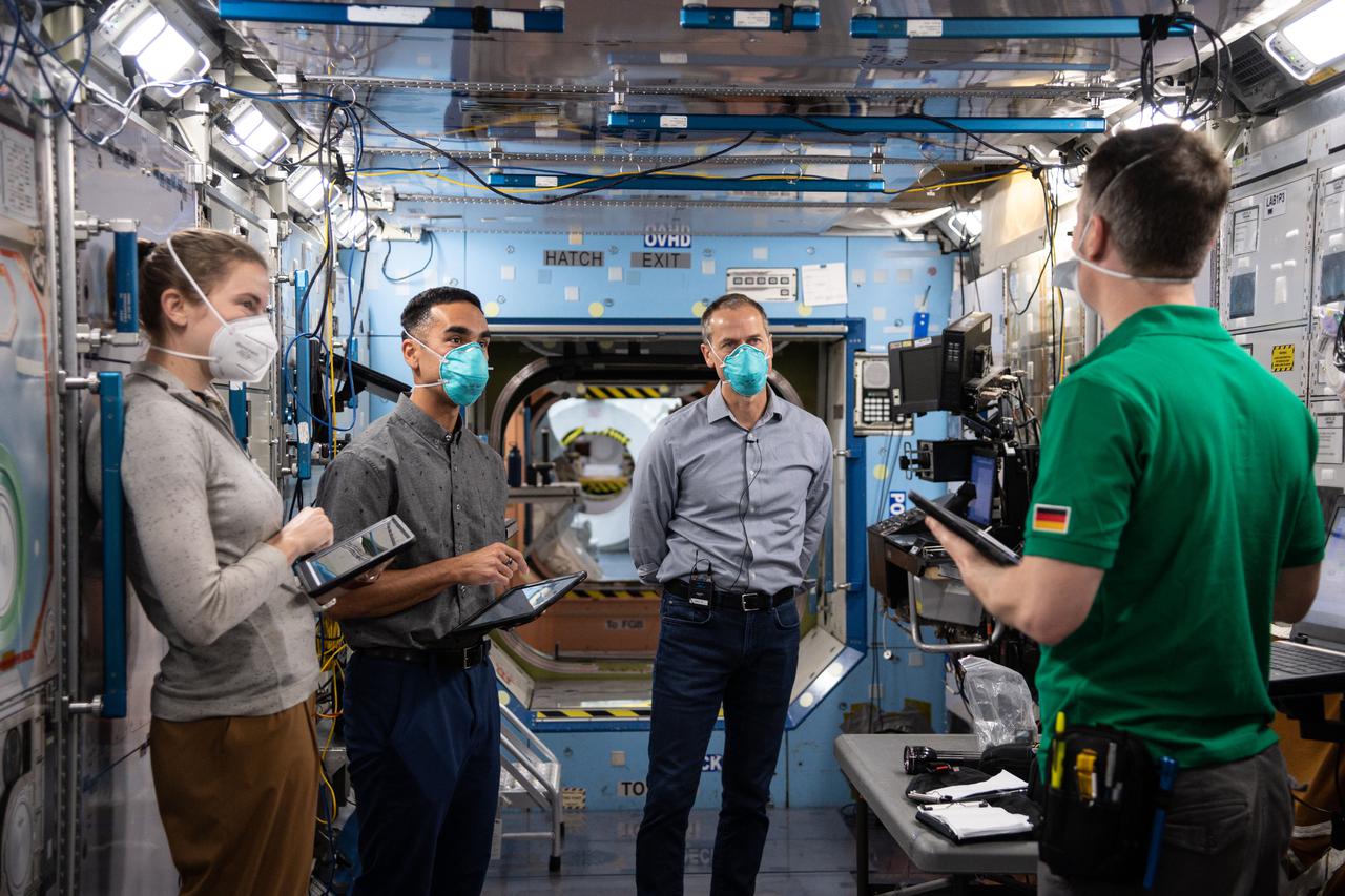 jsc2021e009971 (March 4, 2021) --- SpaceX Crew-3 astronauts (from left) Kayla Barron, Raja Chari, Tom Marshburn and Matthias Maurer are pictured during a training session at the Space Vehicle Mockup Facility at NASA's Johnson Space Center in Houston, Texas.