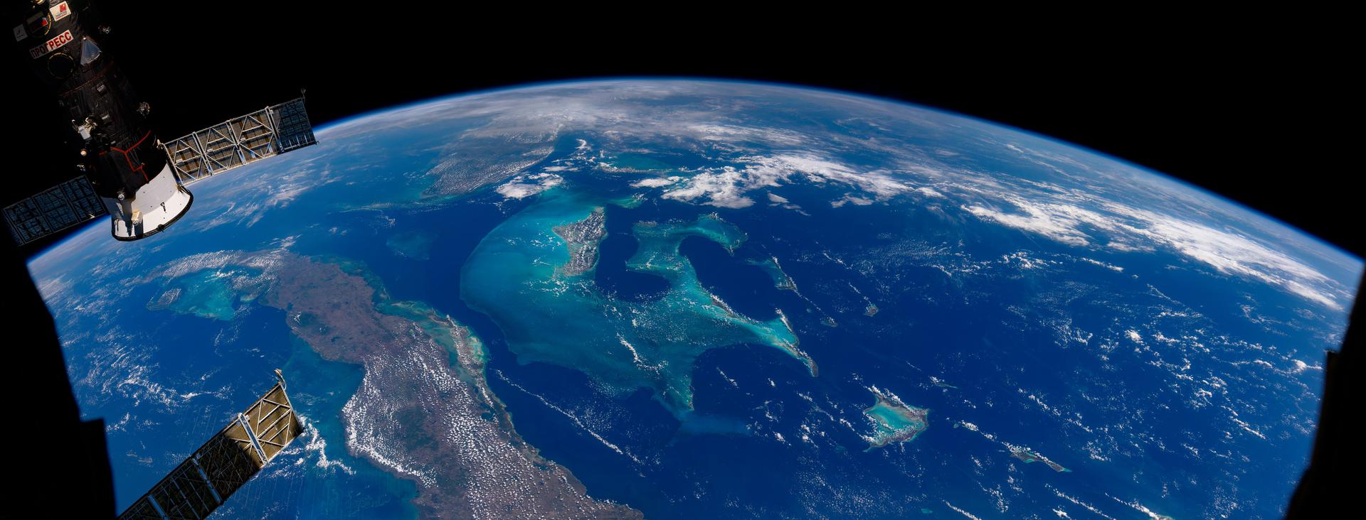 This composite photograph, a combination of several distinct photographs, of Cuba, the Bahamas and southern Florida was captured as the International Space Station orbited 263 miles above the Caribbean Sea.