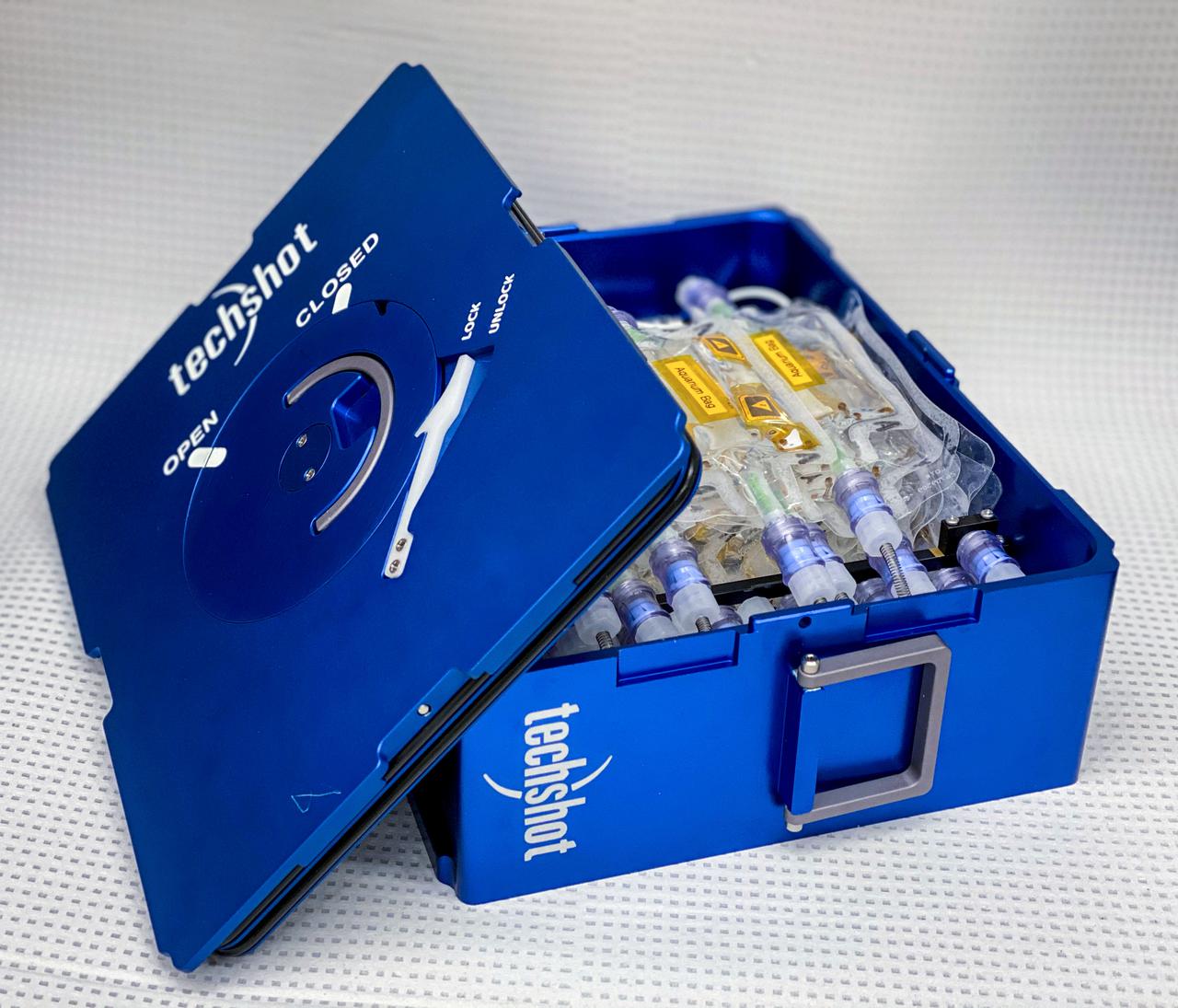 jsc2021e019403 (1/29/2021) --- A Techshot Fluid Processing Cassette that is part of Techshot’s ADSEP fleet of spaceflight hardware facilities. The flight hardware cassette is loaded with small aquarium bags containing the juvenile bobtail squid. Once launched into space, the aquarium bags will inoculated with luminescent bacterium to start the normal symbiosis with the squid.  Understanding of Microgravity on Animal-Microbe Interactions (UMAMI) examines the effects of spaceflight on the molecular and chemical interactions between beneficial microbes and their animal hosts.  Image courtesy of Rachel Ormsby.