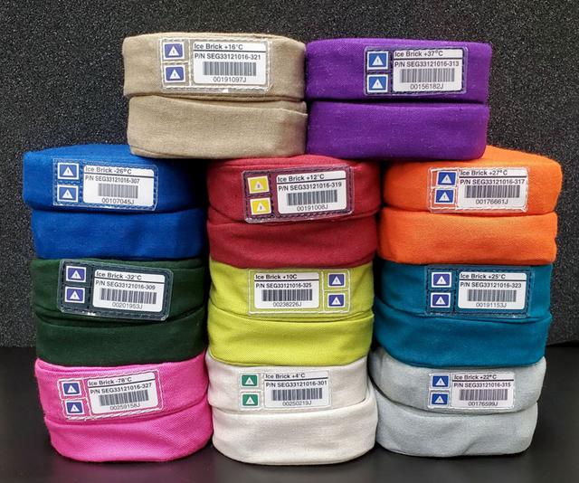 jsc2021e019957 (5/20/2021) --- A preflight Ice Brick group photo. Ice Bricks are flat rectangular packs for use in Coldbags that can be refrozen/reheated to -32, -26, +4, +10, +12, +16, +22, +25, +27, +37°C, with each temperature of Ice Brick in a different color 'softgoods' covering. The Mini Coldbag is a temperature control resource that provides for the specific needs for scientific samples and other temperature-sensitive payload items.